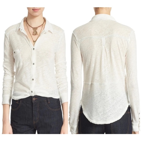 We The Free Linen Blend Buttondown One Pocket Tee T-Shirt - Picture 5 of 10